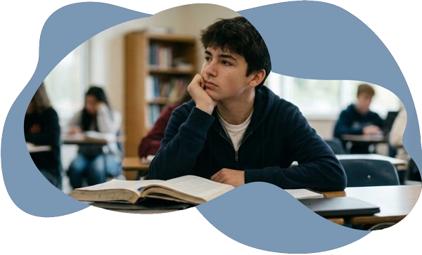 A teenage boy looking pensive in a high school classroom, representing the use of a teen
psychoeducational assessment to unlock potential through a unique learning profile and school
accommodations.
