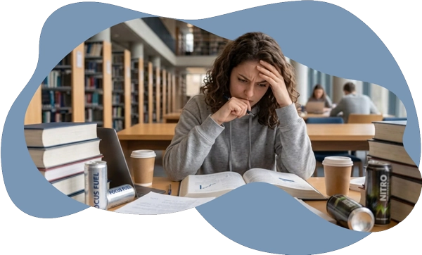 A stressed female university student studying in a library with coffee and energy drinks, representing
the need for an updated psychoeducational assessment to secure post-secondary academic accommodations and
OSAP disability funding.