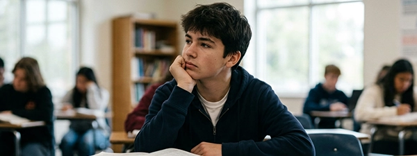 A teenage boy looking thoughtful in a high school classroom, representing the
need for a teen diagnostic assessment to differentiate between ADHD, ASD, and learning
disabilities for better academic and personal support.