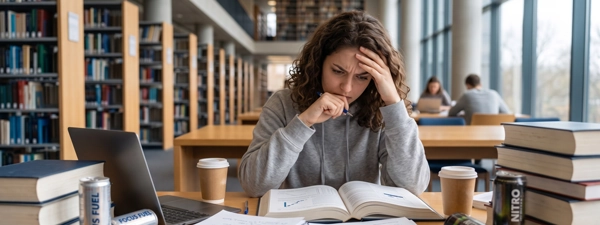 A frustrated college student studying in a university library, representing
the need for a psychoeducational assessment to secure academic accommodations and
professional recommendations for learning success.