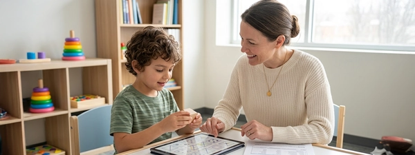 A young boy engaging in a play-based clinical testing session with a
psychologist, illustrating a child psychoeducational assessment to identify learning
needs and secure school support.