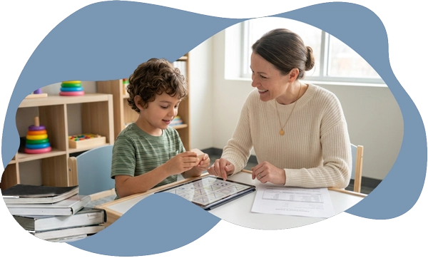 A young boy engaging in a play-based cognitive assessment with a friendly psychologist, illustrating
child testing for learning differences, school accommodations, and mental health support.